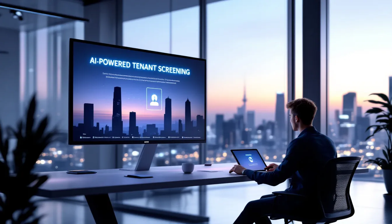 In the image, a digital interface displays an AI-powered tenant screening service, showcasing various features such as credit reports, eviction history, and background checks. This online tenant screening process helps property owners and managers make informed decisions about prospective tenants by providing comprehensive screening reports.