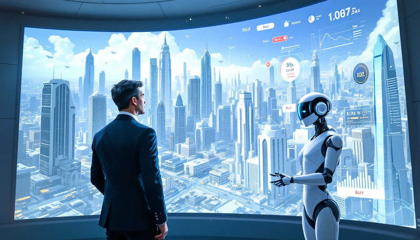 In the image depicting Real Estate Investor Sentiment in 2025, a diverse group of investors is engaged in discussion, surrounded by charts and graphs illustrating trends in the global economy, trade policy, and tariff rates. The atmosphere suggests a focus on navigating challenges such as foreign trade barriers and the impact of tariffs on domestic production and global markets.