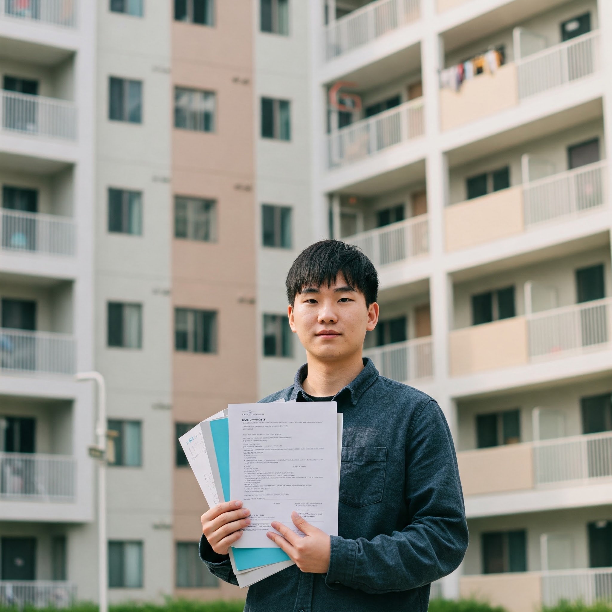 A person holding papers in front of an apartment building, representing a security deposit dispute.