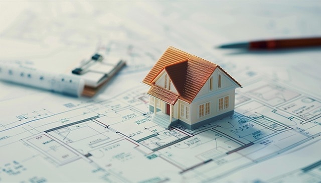 A miniature model house sits on top of architectural blueprints, surrounded by a pencil and clipboard, symbolizing real estate planning or property development.