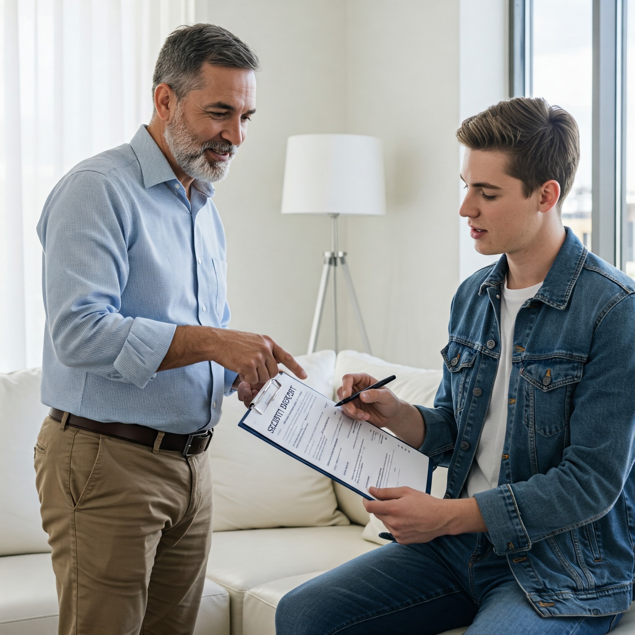 Photorealistic image of a landlord and a tenant reviewing a security deposit document.
