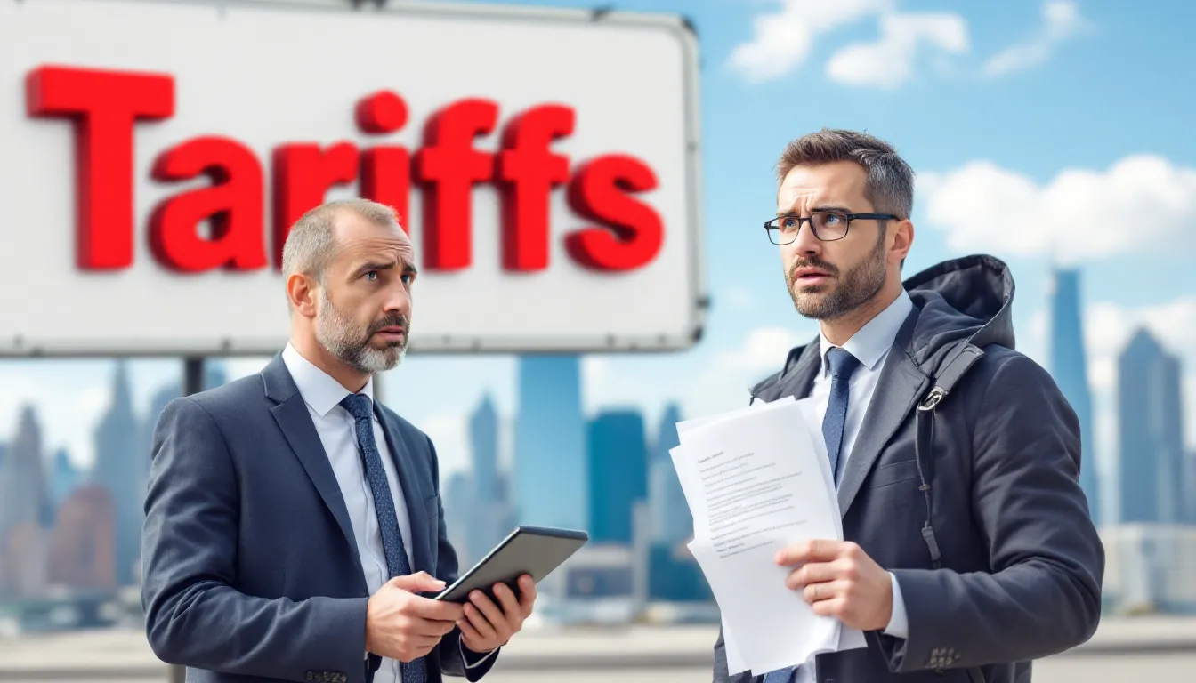 The image illustrates the concept of tariffs, highlighting various elements such as import tariffs, trade policy, and the impact of high tariffs on domestic production and foreign competition. It features visual representations of trade agreements, customs barriers, and the global economy, emphasizing the complexities of international trade and its effects on costs and supply chains.
